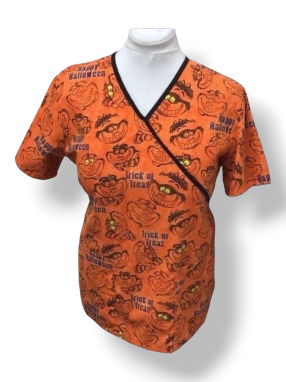 The Wonderful World of Disney Cheshire Cat Halloween Scrub Top, Orange, sz S